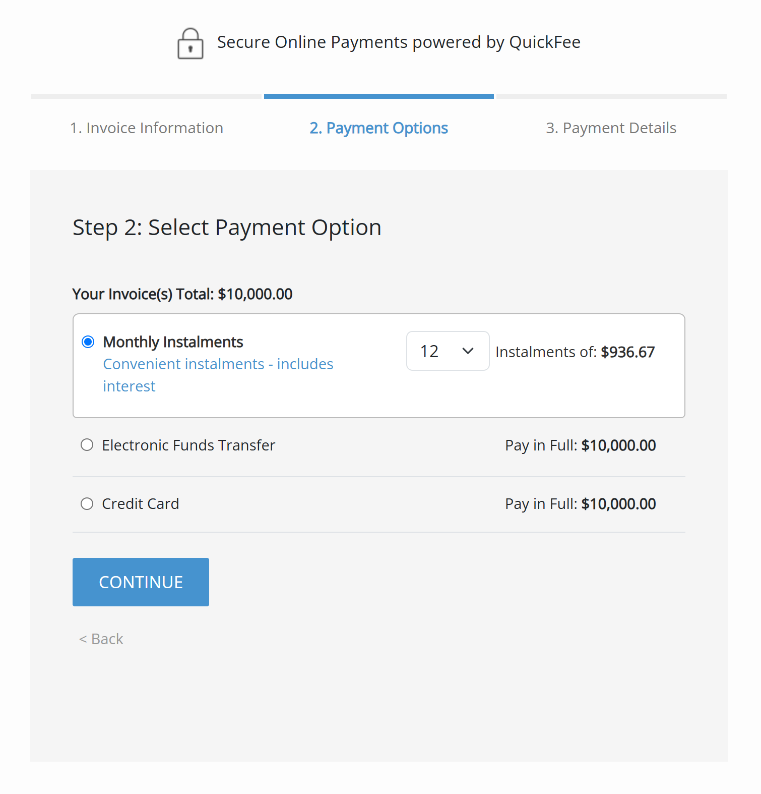 QuickFee online payment options portal interface